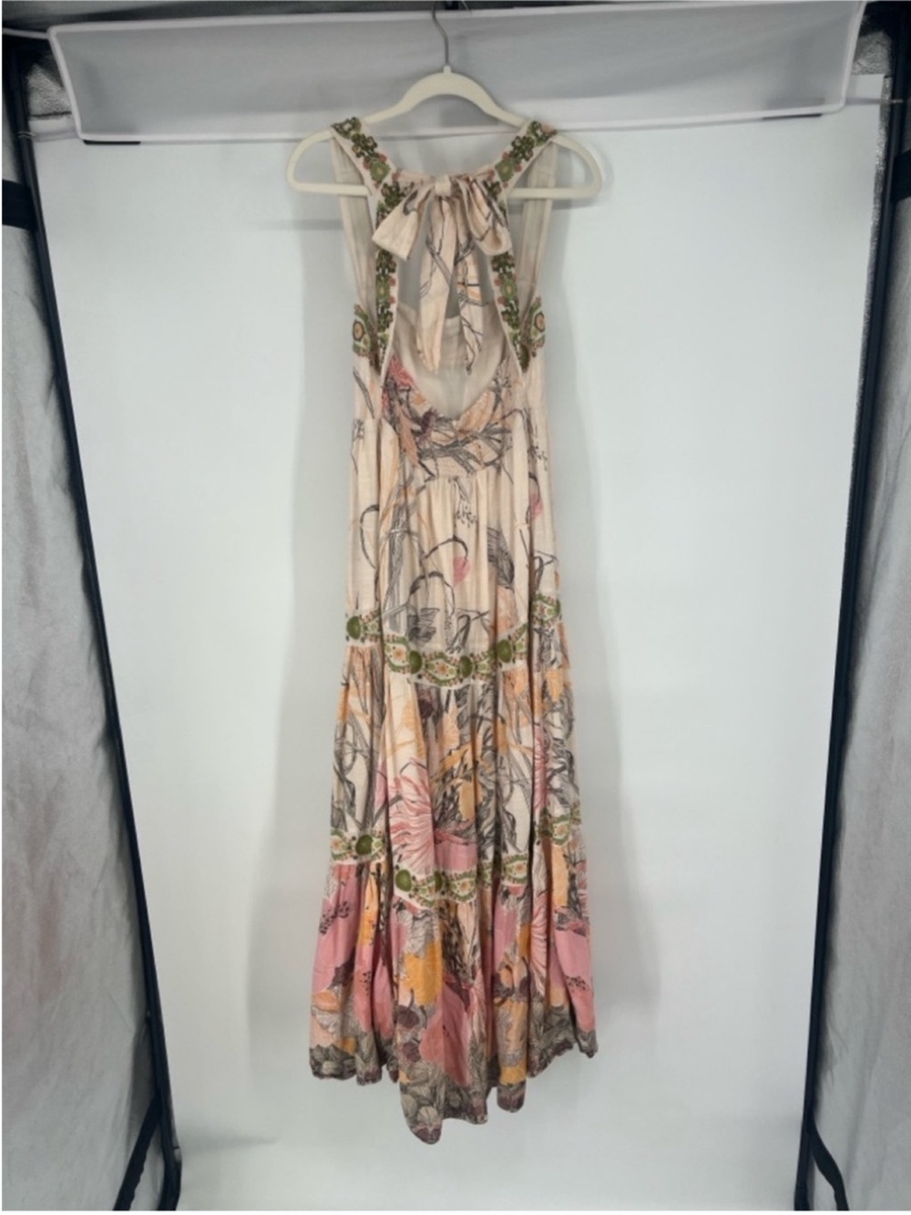 Anthropologie Pink Embroidered Beaded Square Neck Bohemian Tie Back Maxi Dress L - Picture 11 of 13